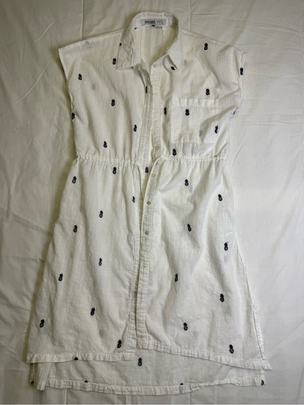 ZARA BASIC Women's White Pineapple Cotton Collared Button Dress, S